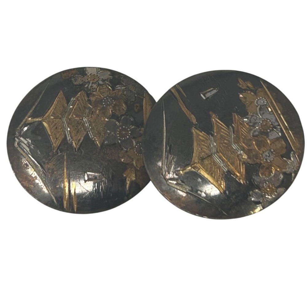 Vintage‎ Amita Damascene Sterling Silver Japan Pagoda Screw Back Earrings